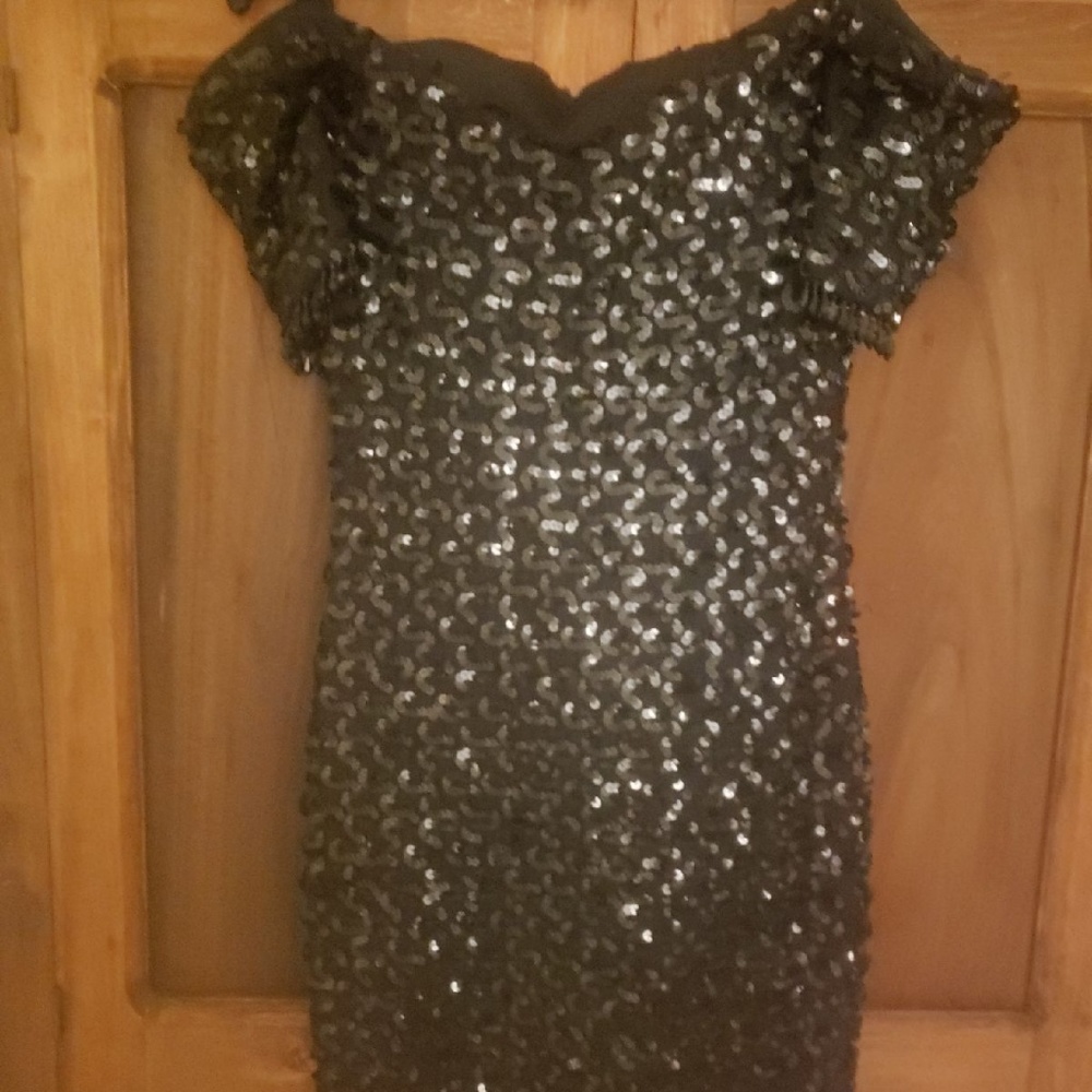Off the Shoulder Black Sequined Dress